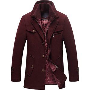Men's Gentle Layered Collar Single Breasted Quilted Lined Wool Blend Pea Coats